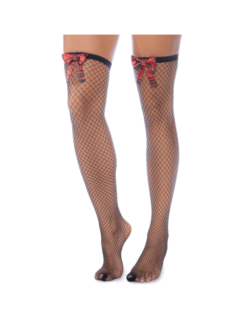 Bas résille noire avec nœuds rouges écossais 