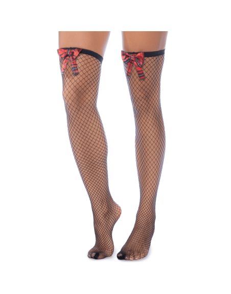 Bas résille noire avec nœuds rouges écossais 