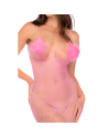 Combinaison résille rose à motifs cœur, pompons en plumes à la poitrine, ouverte à l’entrejambe - Mapalé