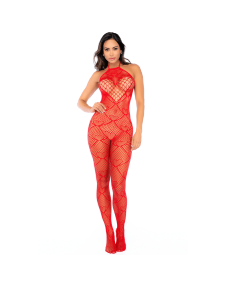 Bodystocking en résille rouge à motif cœur, orné de strass, ouvert à l’entrejambe - Mapalé