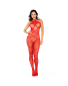 Bodystocking en résille rouge à motif cœur, orné de strass, ouvert à l’entrejambe - Mapalé