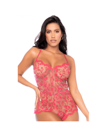 Combishort en dentelle transparente couleur cerise 