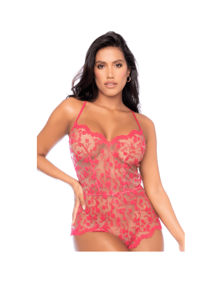 Combishort en dentelle transparente couleur cerise 