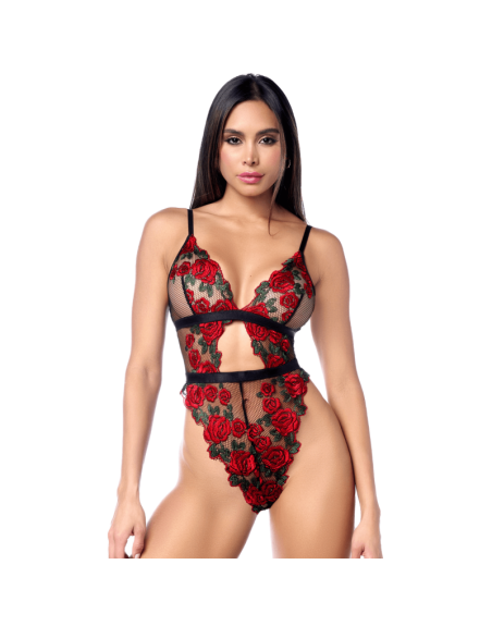 Teddy taille haute en résille noire brodée de roses avec ceinture
