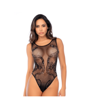 Body noir en résille motif serpent, orné de strass, ouvert à l’entrejambe - Mapalé