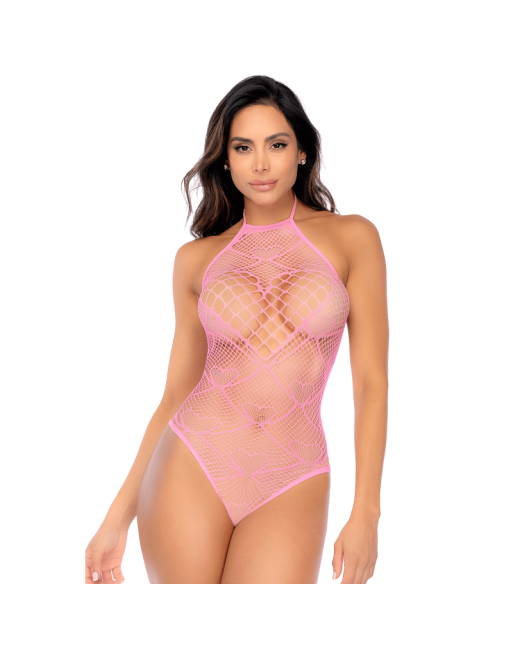 Body rose en résille à motif cœur - Mapalé
