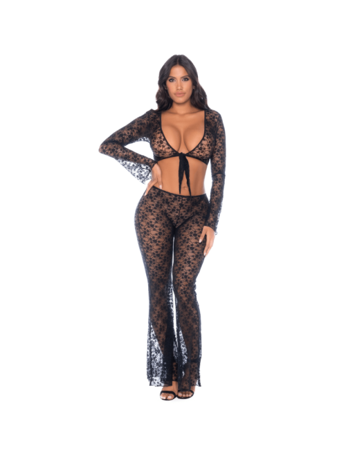 Top et pantalon en dentelle florale noire 