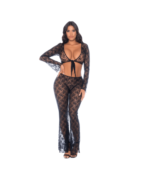 Top et pantalon en dentelle florale noire 