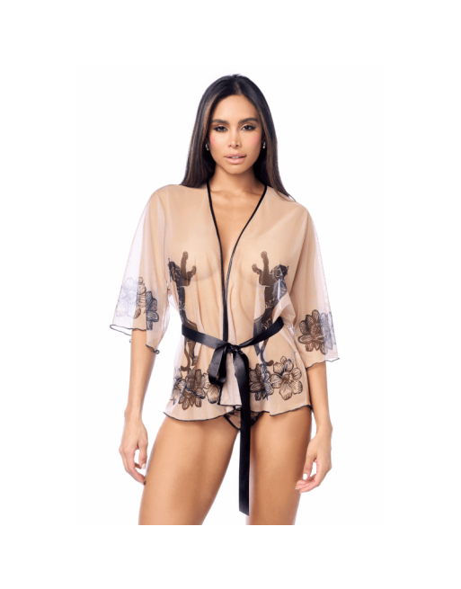 Peignoir sexy en résille imprimée transparente avec string 