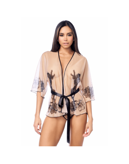 Peignoir sexy en résille imprimée transparente avec string 
