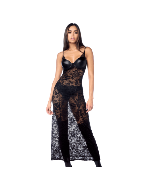 Robe longue sexy en dentelle  cuir avec string et porte-jarretelles 