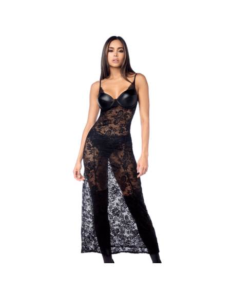 Robe longue sexy en dentelle  cuir avec string et porte-jarretelles 