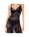 Robe longue sexy en dentelle  cuir avec string et porte-jarretelles 
