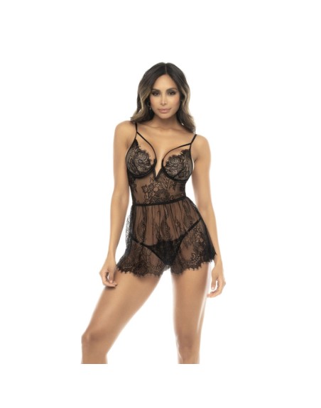 Nuisette noir Selma, en dentelle, avec armatures et string assorti inclus 
